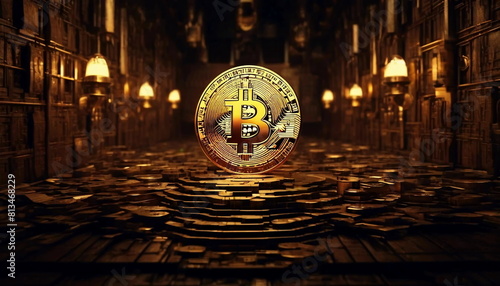 Illustration of a large golden bitcoin standing in a middle of a brown, metallic room, lanterns hooked on walls, lighting up the room in a warm, orange hue. 