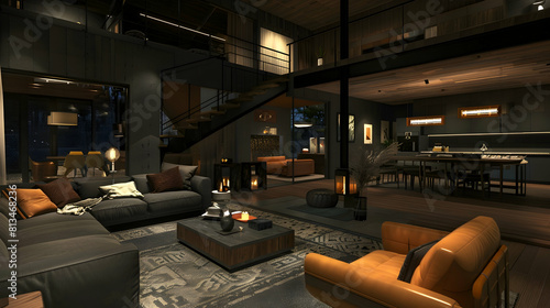 Modern living room in dark gray and brown tones, sofa with leather armchair, coffee table, dining area for dinner at night. Staircase to second floor