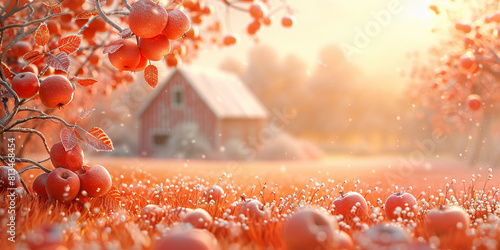 Apple tree, farm autumn landscape with apple fruits. Vintage harvest background with barn, orchard, fall landscape. Autumn banner in peach fuzz palette thanksgiving country field. Rural garden