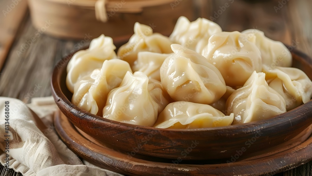 Steaming hot Chinese dumplings served in a rustic setting on a wooden table. Concept Chinese Cuisine, Food Photography, Steaming Dumplings, Rustic Setting, Wooden Table Steaming hot Chinese dumplings served in a rustic setting on a wooden table. Concept Chinese Cuisine, Food Photography, Steaming Dumplings, Rustic Setting, Wooden Table