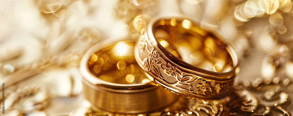 Elegant Wedding Rings with Detailed Laser Engraving on Gold Elegant Wedding Rings with Detailed Laser Engraving on Gold