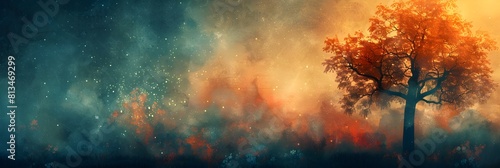 Vibrant and dreamlike vintage concept background with a glowing fiery tree silhouetted against a mystical atmospheric landscape of warm autumnal hues photo