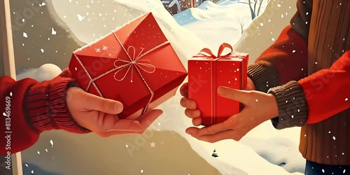 Merry Christmas. Hands exchange Christmas gifts. Hands holding red gift boxes close-up against the background of snowfall.