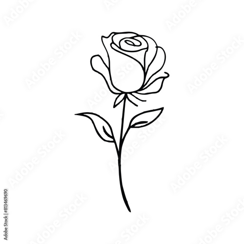 A minimalist, black single line drawing of a rose, white background. rose lineart handrawn vector illustration