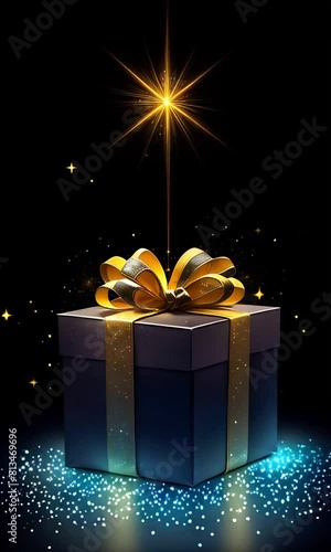 A black gift with a shiny gold ribbon and a gold bow shines and glows on black background. Magical shining gift box with gold sparkles, stars and lights. Christmas. Sale. Black Friday. Vertical video.