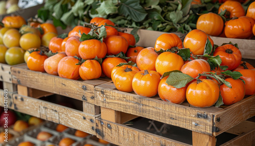 Fresh Persimmons Displayed on Wooden Crates at Local Market