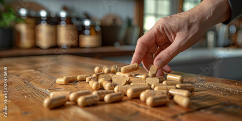 Person Selecting a Health Supplement Capsule from Many on Wooden Table