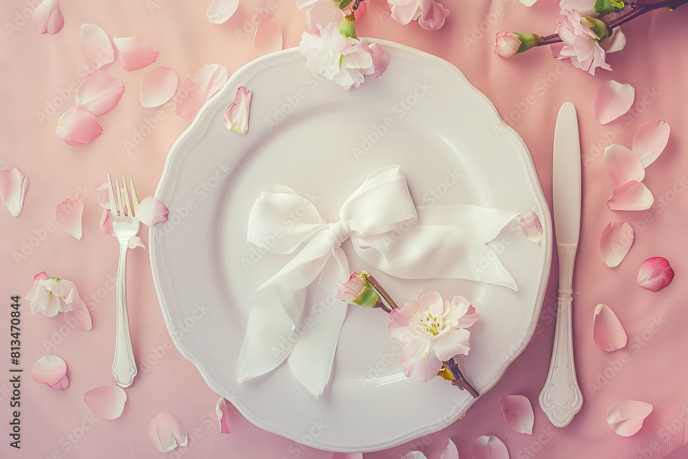 Romantic Place Setting with White Ceramic Plate and Pink Petals Romantic Place Setting with White Ceramic Plate and Pink Petals