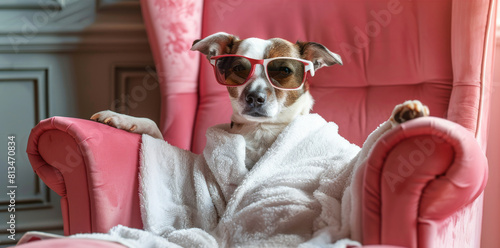 Relaxed Canine in Stylish Shades on Pink Armchair