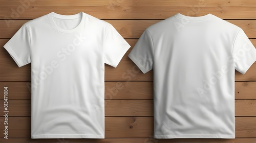 white t shirt  blank mockup on woody background. Dual side mockup. Front side and backside blak space.  photo