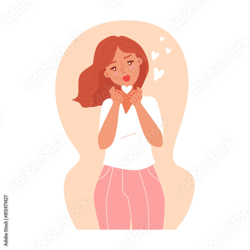 Young girl blows a kiss. Sincere emotion. Flat character. Vector illustration. 