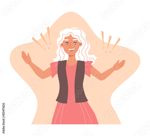  Sincere, enthusiastic woman, a flat character. The grateful smiling girl opened her arms. Vector illustration. 