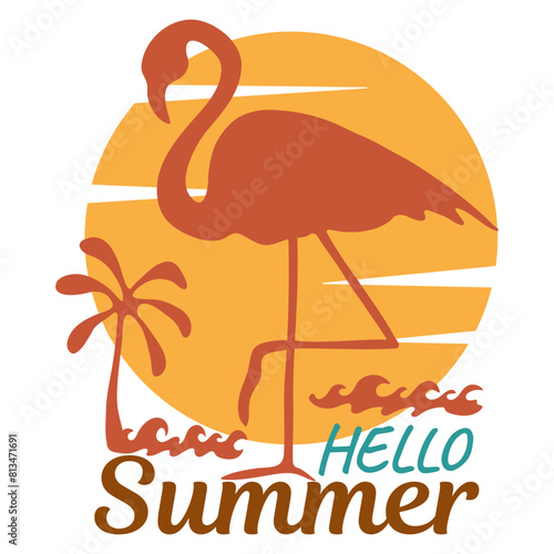 Retro Groovy Surf Club in trendy Boho style. Naive Geometric Summer Palm Tree. Simple background of sun sea. Retro Summer Beach Hand Drawn isolated illustration. Vintage Surf Club. Vector illustration (ID: 813471691)