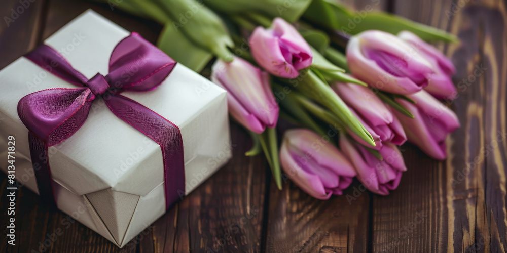 Simple White Gift Box Tied with a Deep Violet Ribbon Amongst Tulips Simple White Gift Box Tied with a Deep Violet Ribbon Amongst Tulips
