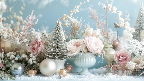 Pastel Christmas Garden: Create a serene holiday garden scene with soft pastel hues, featuring delicate flowers, festive decorations, and a peaceful holiday ambiance in a light and airy style