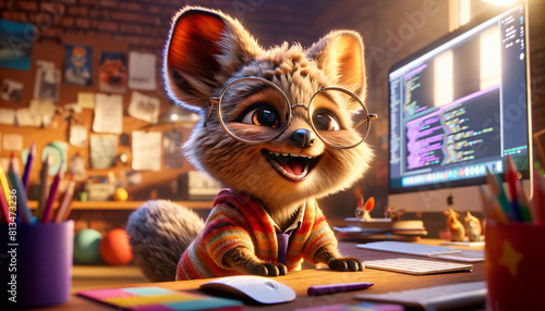 Cartoon squirrel with glasses coding on computer, colorful office, cheerful expression, tech-savvy, playful, creative workspace.
concept:IT, programming education, training, children's it courses
