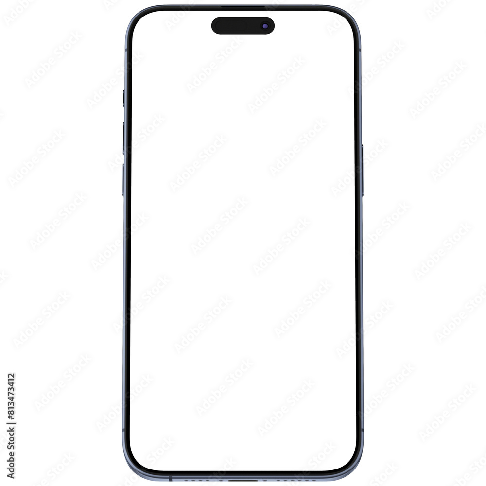 Front view of blue smartphone similar to Iphone 15 without background. Template for mockup Front view of blue smartphone similar to Iphone 15 without background. Template for mockup