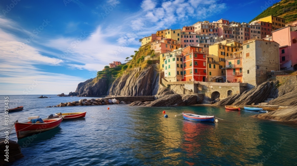 Obraz premium Peaceful fishing village riomaggiore cliffside colorful buildings cinque terre coast. Italian mediterranean europe