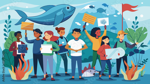 Marine Conservation Protest: Students Rally for Ecosystem Protection. Perfect for: World Oceans Day, Environmental Awareness Day, environmental protest, youth activism.