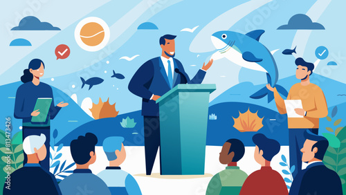 Marine Conservation Conference: Government Officials Advocate for Stricter Policies. Perfect for: World Oceans Day, Environmental Policy Summit, environmental governance, policy discussion.