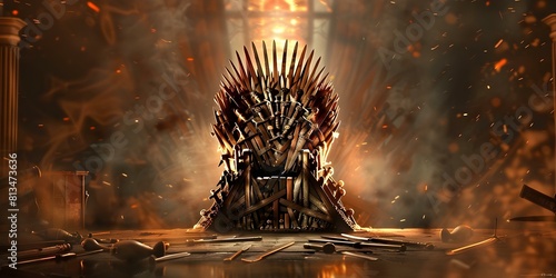 Throne of Weapons: A Medieval Iron Seat with a Dark Knights Game Theme. Concept Medieval Iron Throne, Dark Knights, Game Theme, Weapon-inspired Decor, Majestic Seating