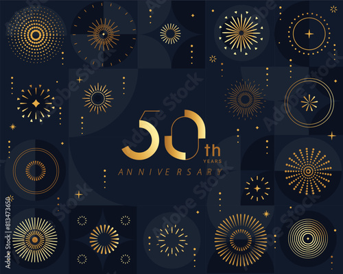 Anniversary 50, celebrating fifty (50th) years anniversary. Elegant card for event with abstract golden fireworks and numbers on dark night background with geometric pattern. Vector illustration