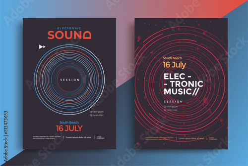 Modern music festival poster design with circle lines creates a dynamic effect. Electronic Sound Club party flyer.
