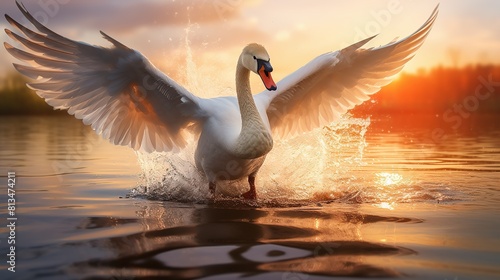 A swan spreading his wings in the water