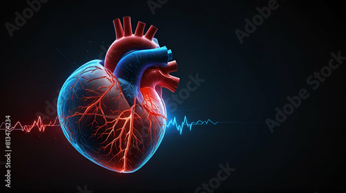 Illuminated Cardiac Health Neon Cardiogram and Human Heart Glow.Generative.Ai photo
