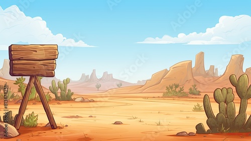 American west desert landscape with wooden board. Country scene with sand, mountains, cactus. photo