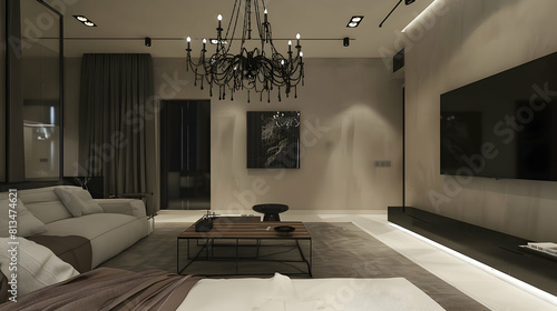 Modern style living room with a sofa, coffee table and carpet, a black chandelier on the ceiling, beige walls, white floor tiles, a large TV hanging in front of the wall
