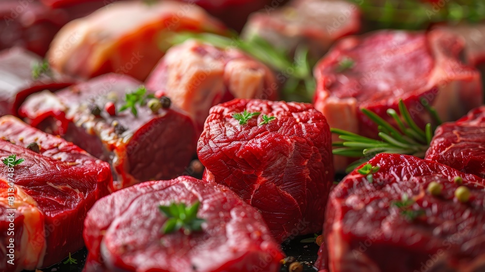 Artistic close-up of a variety of raw meat cuts at a butcher shop, clean and clear, isolated background with perfect studio lighting Artistic close-up of a variety of raw meat cuts at a butcher shop, clean and clear, isolated background with perfect studio lighting