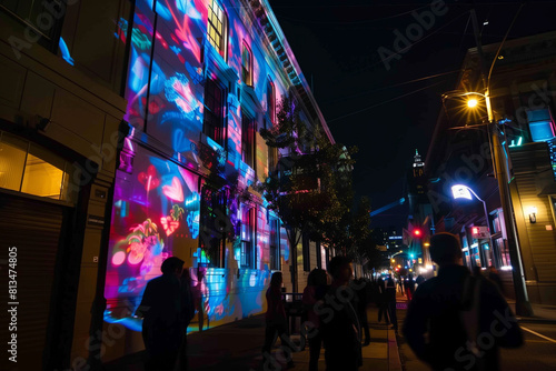Vibrant Urban Art Installation with Interactive Laser Mapping on Building Facades