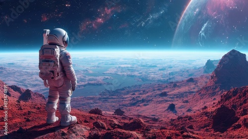 An astronaut standing on a rocky alien planet surface  gazing at a vibrant galaxy  with planets and stars in the distance.