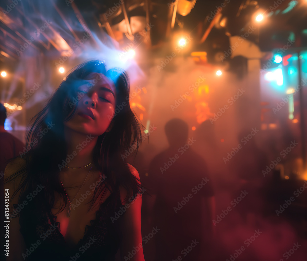 Creative Fashion Concept. Closeup portrait of asian girl tousled hair dancing in night club rave party in red dark hue. sensual, mysterious, advertisement, copy text space Creative Fashion Concept. Closeup portrait of asian girl tousled hair dancing in night club rave party in red dark hue. sensual, mysterious, advertisement, copy text space