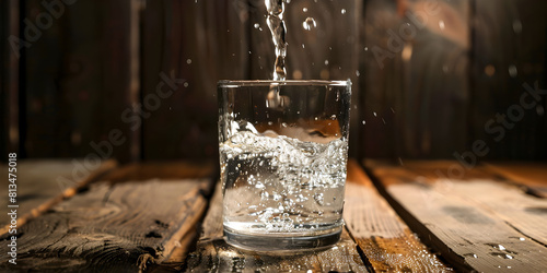 ice cubes fall into a glass Whiskey pouring in a glass diagonal. Clear water trickles into a glass atop a wooden bar. photo