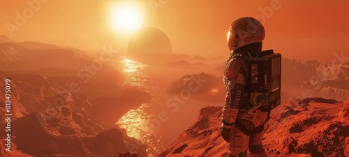 Astronaut on rocky terrain overlooking a liquid body under the hazy sky of an alien planet with a large sun.