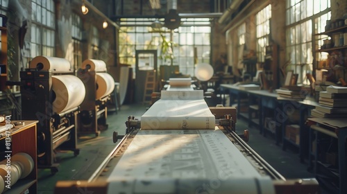Printing press with rolls of paper and printing machines.