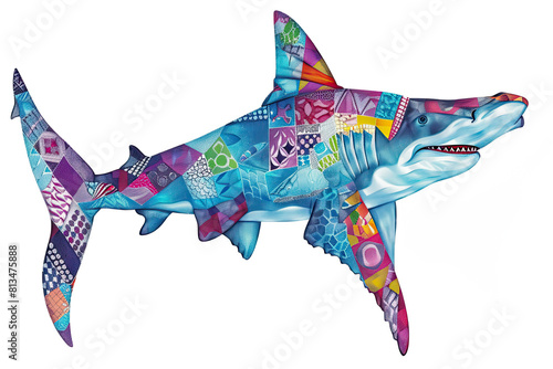 Cute Hammerhead shark with colorful patchwork geometric pattern and abstract elements on white background for clothing design textiles  posters  paintings  souvenirs  packaging  baby products  website