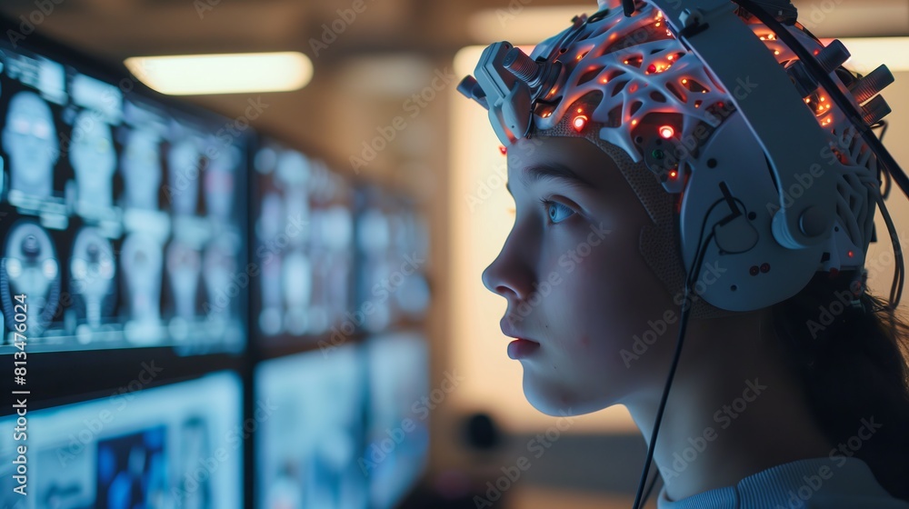 Obraz premium Woman in a helmet with lights gazes at computer screen