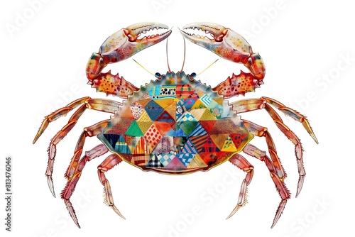 Cute Horseshoe crab with colorful patchwork geometric pattern and abstract elements on white background for clothing design, textiles, posters, paintings, souvenirs, packaging, baby products, website