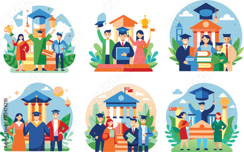 Set of flat education, university graduation icon, vector illustration.