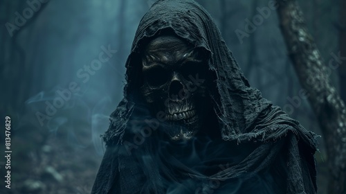 Mysterious Skull in Foggy Forest Under Moonlight 