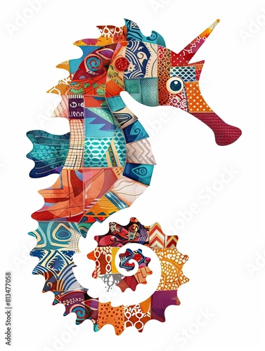 Cute Seahorse with colorful patchwork geometric pattern and abstract elements on white background for clothing design, textiles, posters, paintings, souvenirs, packaging, baby products, website photo