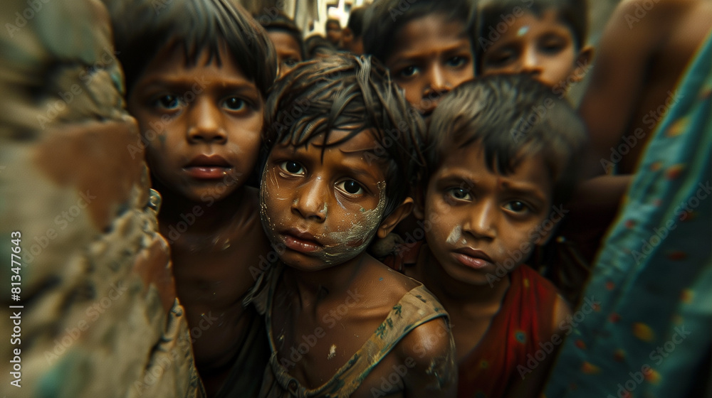 Group of Indian children, faces smeared with dirt, gather in narrow alleyways of Kukaal village, eyes alight with curiosity and mischief. Shot from extreme wide angle, photo captures cramped quarters Group of Indian children, faces smeared with dirt, gather in narrow alleyways of Kukaal village, eyes alight with curiosity and mischief. Shot from extreme wide angle, photo captures cramped quarters