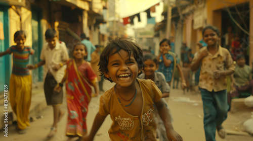 In the heart of Kukaal village, a group of Indian children play in the dusty streets, their laughter echoing off the walls of the slum. Shot from an extreme wide angle