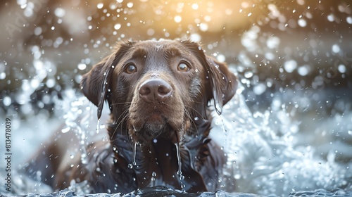 A chocolate Labrador Retriever playfully splashing water, capturing a moment of joy and liveliness, ideal for pet wellness