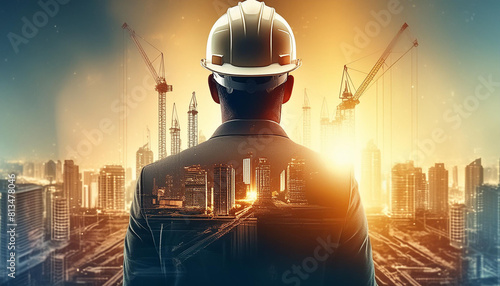 The engineer in a hard hat works in an oil and gas factory double exposed to show the industrys impact, Shadows of businesspeople and the cityscape are double exposed. photo