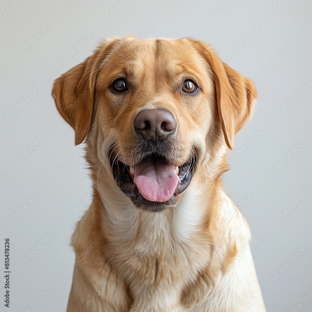 A joyful Labrador Retriever sits gracefully, its fur shining against a stark white backdrop, embodying pure happiness and loyalty A joyful Labrador Retriever sits gracefully, its fur shining against a stark white backdrop, embodying pure happiness and loyalty