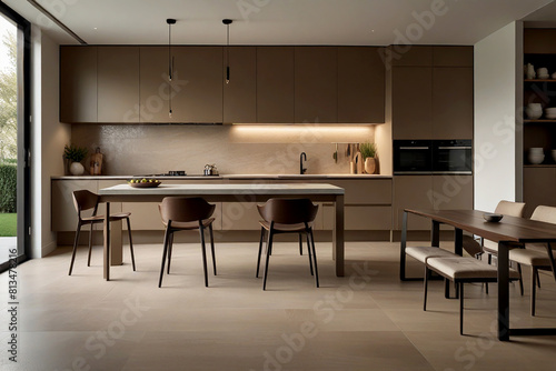 new empty modern kitchen characterized by sleek brown beige cabinetry